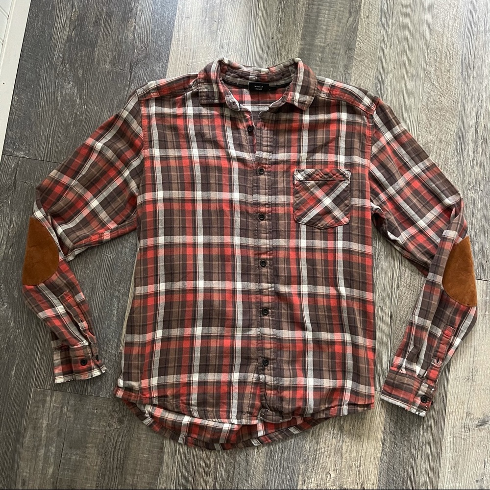 Kavu | Orange Brown Plaid Button Down Shirt Elbow Patches